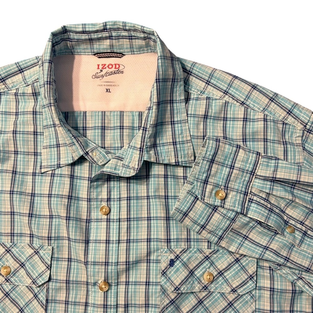 IZOD Saltwater Surfcaster Men XL Teal Plaid Roll Tab Long Sleeve Fishing Shirt
